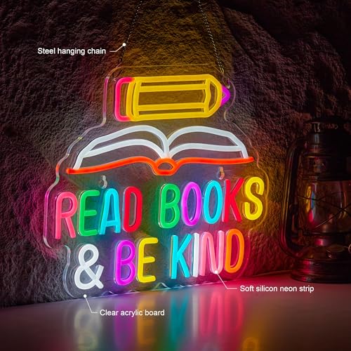 Read Books and Be Kind Neon Sign Pencil Book Neon Light Student LED Neon Light Colorful Neon Light Up Signs for Classroom Bookstore Library Museum Study Room - color: Yellow Pink