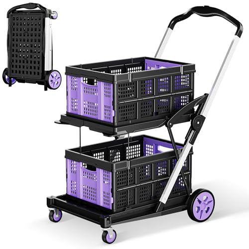 8-in-1 200LBS Collapsible Shopping Cart, Multi Functional Utility Cart with 2 Storage Crate,Adjustable Handle Grocery Cart on Wheels for Shopping, Warehouse, Office, Supermarket - Purple - color: Purple