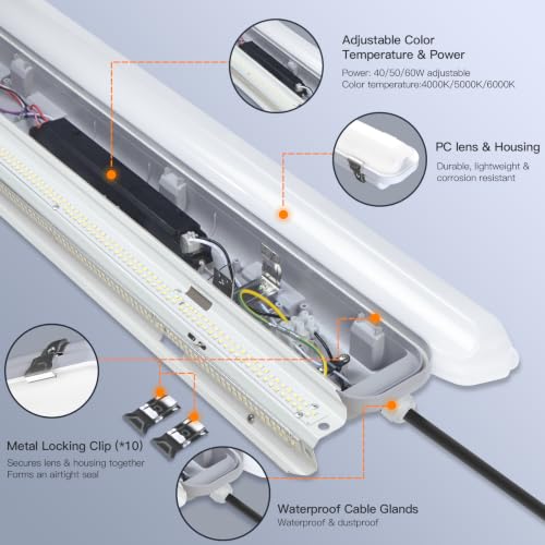 JTT 4FT LED Vapor Tight Light Fixture 60W/50W/40W Options 0-10V - 1Pack - size: 4FT (1-Pack)