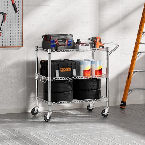 NTE 3 Tier Heavy Duty Rolling Utility Cart on Wheels, 990Lbs Capacity Rolling Wire Cart, Kitchen Carts on Wheels, NSF Commercial Metal Serving Cart with Handle and Shelf Liners for Kitchen, Restaurant - color: Sliver
