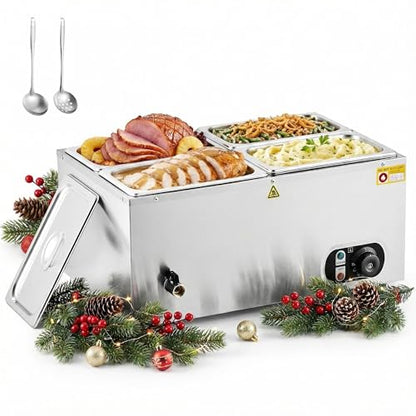 WILPREP Commercial Food Warmer with Four 1/4 Pans, 1500W Countertop Electric Steam Table, 86-185°F Adjustable Temp Control & Over-Temp Protection, Stainless Steel Buffet Bain Marie - size: 1/4 pan*4