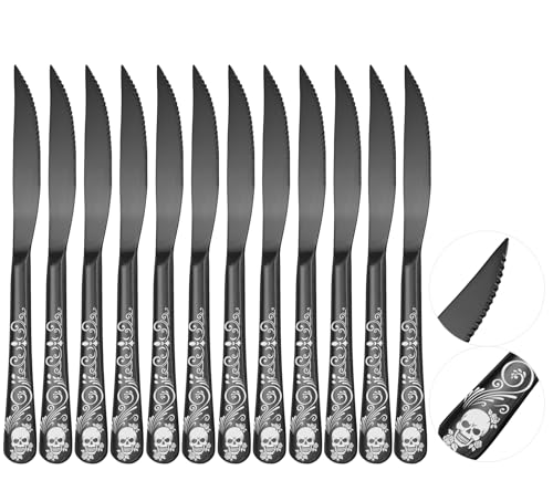 Skull Ultra Sharp 2-IN-1 Serrated Knives, SANLUNS Chef Knife Set Serrated Knives of 12 - Professional Design Collection - 18/0 Stainless Sharp Dinner Knive Unique Skull Pattern Design - color: 10-Steak Knife-12Pc-Black-Skull