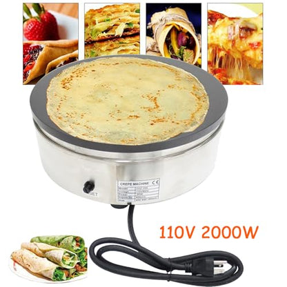 110V 2000W Electric Crepe Maker Machine 15.7" Non-Stick Hotplate Round Griddle with Adjustable Temperature 50-300°C Pancake Maker for Home & Commercial Use, Blintzes, Eggs, Tortillas