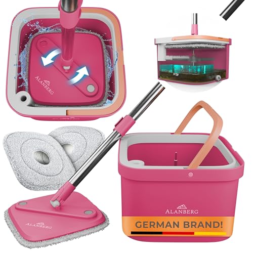 Mop and Bucket Set with Wringer, Dual-Chamber Flat Mop, Pink – ALANBERG - color: Pink