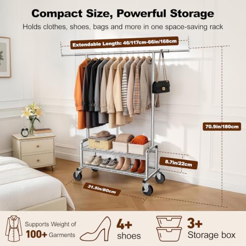 Clothes Rack Heavy Duty, 550 LBS Rolling Clothing Rack with Wheels, Silver - color: Silver