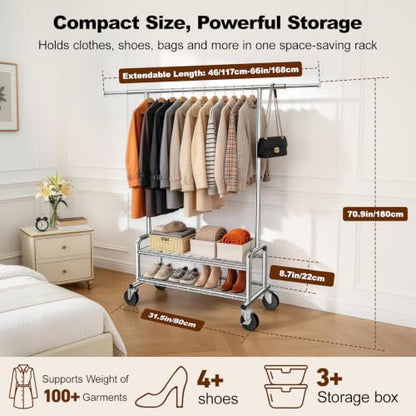 Clothes Rack Heavy Duty, 550 LBS Rolling Clothing Rack with Wheels, Silver - color: Silver