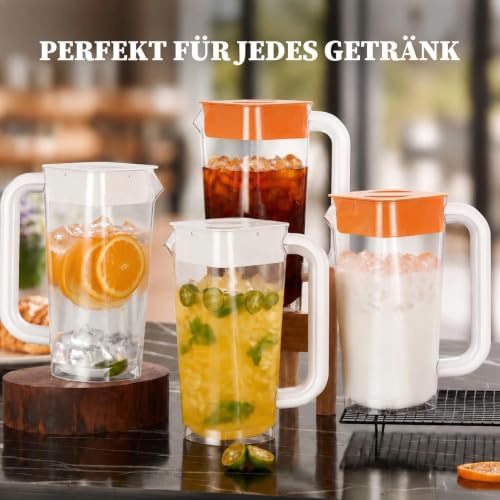 CURTA 4 Pack 2L/68 oz Plastic Pitcher with Lid & Handle, Large Capacity Water Jug with Measurement Marks, Clear Fridge Pitcher for Iced Tea, Juice, Lemonade & Cold Beverages - color: White-Orange-4pack