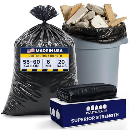 Plasticplace Contractor Garbage Bags: 55 Gallon Trash Bags Heavy Duty, Big Black Trash Bags, 36"x58", 6.0 Mil, Pack of 20 - color: Black, size: 20 Count (Pack of 1)