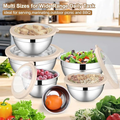 LIANYU 6 PCS Stainless Steel Mixing Bowls with Visible Lids for Cooking - color: Khaki, style: Atlas Base with Visible Lids