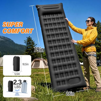 Camping Sleeping Pad, 6 inch Thick Ultralight Camping Mat with Pillow, Built-in Foot Pump Inflatable Sleeping Pads Compact for Camping Backpacking Hiking Traveling Tent,Single,Black - color: Black