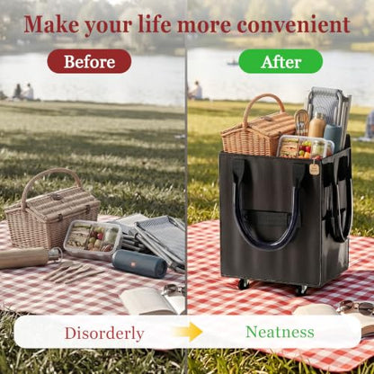 Reusable Grocery Bag on Wheel, Foldable Shopping Cart with Wheels, Can Carry up to 67 Pounds, Suitable for Groceries, Laundry, Camping and Moving. (Black - Large) - color: Black - Large