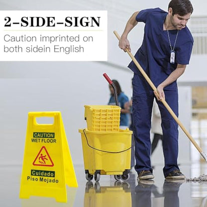 24 Inches Caution Wet Floor Sign Bright Yellow Double Sided Bilingual Folding A-Shaped Frame Design Caution Message Safety Warning Wet Floor Sign Collapsible Commercial Warning Sign Prevent Slip