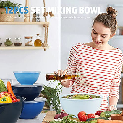 BoxedHome BPA Free Plastic Round Mixing Bowl with Lids, 12 Pack Nesting Bowls with Lids Set, Microwave and Dishwasher Safe Prep & Serving Bowls Great for Mixing, Baking, Serving (Blue, 12pcs) - color: Blue