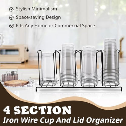 Maxdot 2 Pcs 4 Section Coffee Cup Organizers 18.7 x 8.5 x 5 Inch Wire Rack Coffee Cup and Lid Holder Black Iron Lid Dispenser Countertops Station Organizer for Kitchen Storage Essentials - size: 18.7 x 8.5 x 5 Inch