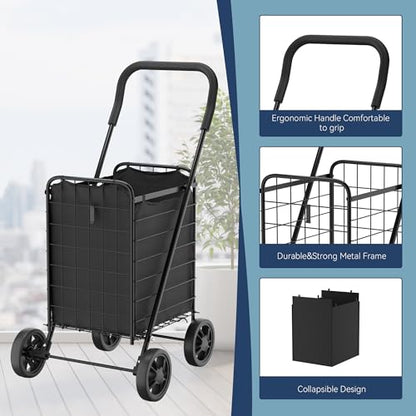 Whitmor Foldable Utility Shopping Cart with Wheels, 60Lb Capacity, Heavy Duty Grocery Cart with Steel Frame, Foam Handle, Rolling Utility Cart for Grocery, Laundry, Travel, Black/w Liner - size: 18.5"L x 18.5"W x 35"H，Black w/Liner