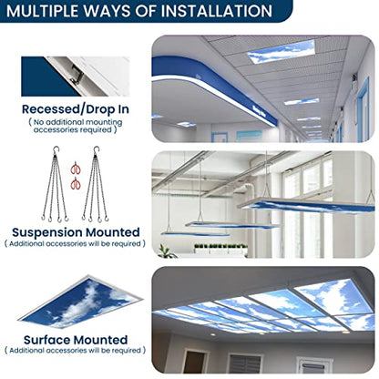 4-Pack 2x4 LED Flat Panel Light, Drop Ceiling Light Fixture with Cloud Design Tunable 30W-72W, 8750 Lumens, 5 CCT 3000K-6500K, 0-10V Dimmable Skylight ETL, 120-277V 48x24 Inch LED Panel