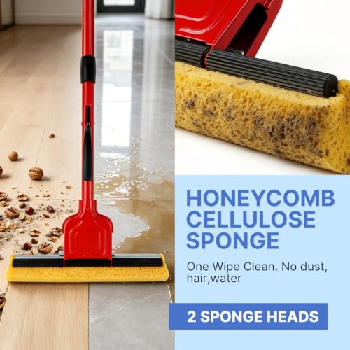 Commercial Sponge Mop for Floor Cleaning with 2 Compressed Cellulose Heads - size: 1 mop +2 mop heads