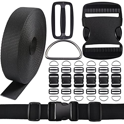 CooBigo 6 Yards Nylon Webbing Strap 6 Pcs Quick Side Release Plastic Buckle 12pcs Tri-glide Slide Clip D Rings (2 Inch set) - color: 2"sets