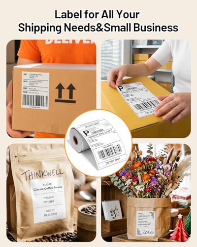 Phomemo 4x6 Thermal Label 2 Rolls 250PCS/Roll, Shipping Labels Pack of 500pcs 4x6 Roll Labels, Compatible with Phomemo, Zebra, Rollo, Jadens and Other Thermal Printers - color: White-250*2
