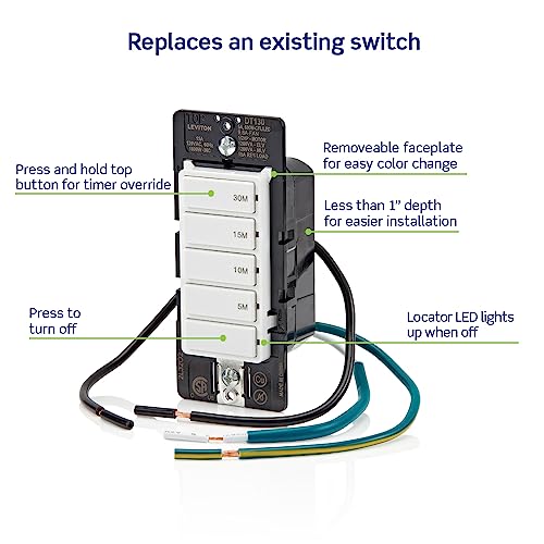 Leviton Countdown Timer Switch for bathroom fan and household lights, 5-10-15-30 min, No Neutral Required, Single Pole, 15A, 1/2 HP/9.8A Fan/Motor, DT130-1LW, White - size: 15 Amp