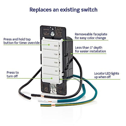Leviton Countdown Timer Switch for bathroom fan and household lights, 5-10-15-30 min, No Neutral Required, Single Pole, 15A, 1/2 HP/9.8A Fan/Motor, DT130-1LW, White - size: 15 Amp