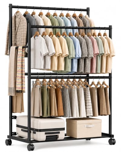 Clothes Rack - 36.2" x 21.3" x 72", 4-Bar Double Rod Rolling Metal Clothing Rack for Hanging Clothes, Portable Garment Rack with Wheels for Bedroom Laundry, Closet Wardrobe, Black - color: Black, size: 36.2" x 21.3" x 72"