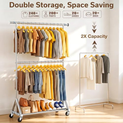 Heavy Duty Clothes Rack 860 LBS, Rolling Clothing Rack with Wheels - color: Silver