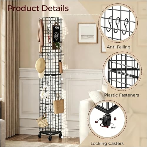 MAHANCRIS Triangular Gridwall Panel with Wheels, 3-Sided Display Stand for Vendor Events with 20 Hooks, Rolling Grid Wall Stand for Trade Shows, Retail Stores, Home Organization, Black GPBK3001