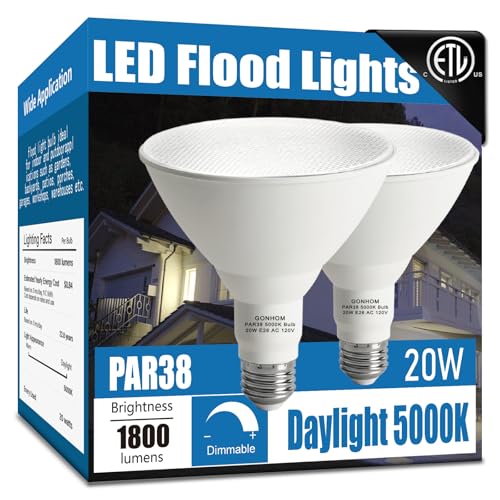 Gonhom Par38 led Flood Lights Outdoor Light Bulb,Dimmable 1800LM,20W Replace up to 200W,Outdoor Flood Light Bulbs for Backyard,Garage,Porch,Garden,2 Pack 5000K Daylight - color: 5000k, size: 2 Pack