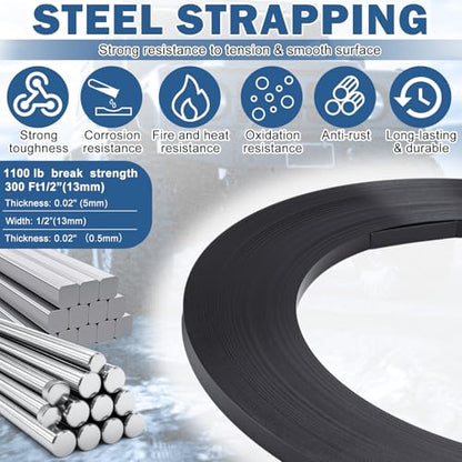 LEIFIDE 1/2" x 0.02" x 500' Steel Strapping Coil 1100 Lbs Break Strength Painted & Waxed Heavy-Duty Metal Banding Cut-Resistance Self-Dispensing Box for Pallet Brick Pipe Lumber Heavyweight Bundling