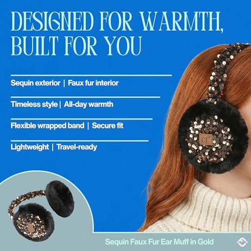 Funky Junque Women’s Winter Earmuffs - Cable Knit & Sequin - color: Sequin - Gold