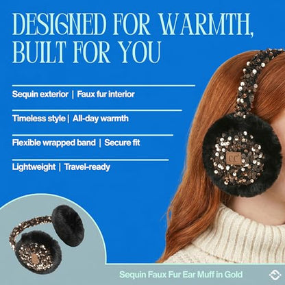 Funky Junque Women’s Winter Earmuffs - Cable Knit & Sequin - color: Sequin - Gold