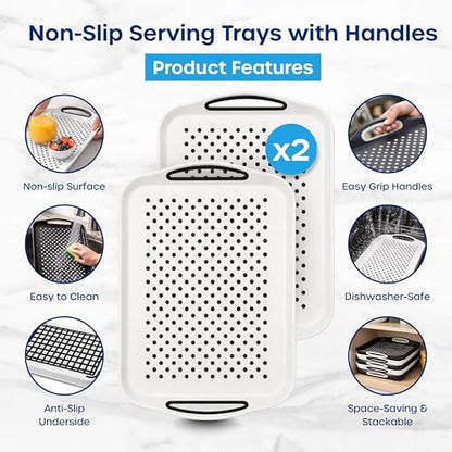 Food Trays for Eating on Couch - 2 Pack - Non Slip Dinner Trays for Eating Set of 2 Non Slip Serving Tray and Food Tray with Handles (White) - color: White - 2 Pack