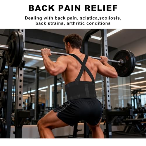 2-in-1 Work Back Brace for Men & Women, Adjustable Lumbar Support Belt with Detachable Shoulder Suspenders, Lower Back Support Lifting Belt for Moving, Construction, Warehouse Heavy Work - size: XX-Large
