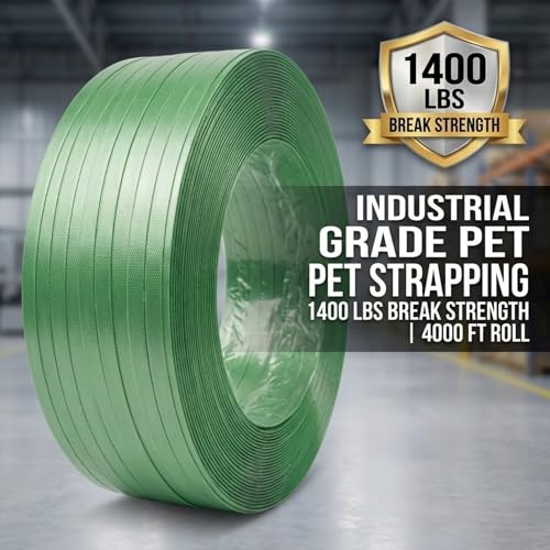 Polyester PET Strapping Roll 5/8" x 0.035" x 4000' – Heavy Duty Green Packaging Banding Strap, 1400 lbs Break Strength, UV & Water Resistant, Lightweight Poly Strapping Coil with 16" x 6" Core - size: 4000 FT Roll
