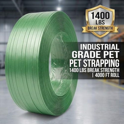 Polyester PET Strapping Roll 5/8" x 0.035" x 4000' – Heavy Duty Green Packaging Banding Strap, 1400 lbs Break Strength, UV & Water Resistant, Lightweight Poly Strapping Coil with 16" x 6" Core - size: 4000 FT Roll
