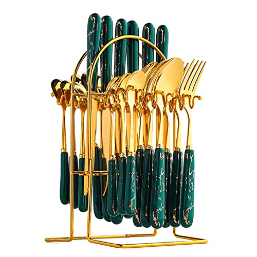 24-Piece Gilded Stainless Steel Flatware Set,Kitchen Utensil Tableware Cutlery Set Service for 6, Steak Cutlery Set for Home and Restaurant (Dark Green) - color: Dark Green