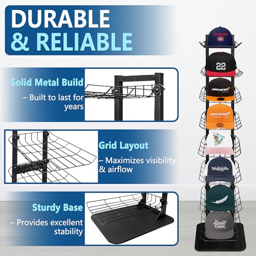 Hat Display 8 Tier, Hat Rack Stand Up to 70 Caps, Metal Hat Stands for Multiple Hats, Commercial Retail Hats Display, Upgrade Black - color: Black