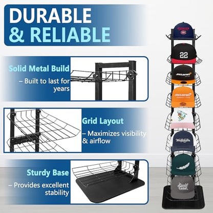 Hat Display 8 Tier, Hat Rack Stand Up to 70 Caps, Metal Hat Stands for Multiple Hats, Commercial Retail Hats Display, Upgrade Black - color: Black