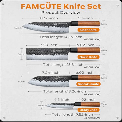 FAMCÜTE Japanese Knife Set with Block, Kitchen Knives Gift for Men & Women - size: Japanese Knife Set of 4