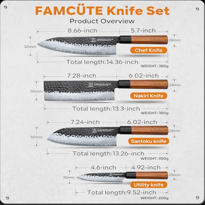 FAMCÜTE Japanese Knife Set with Block, Kitchen Knives Gift for Men & Women - size: Japanese Knife Set of 4