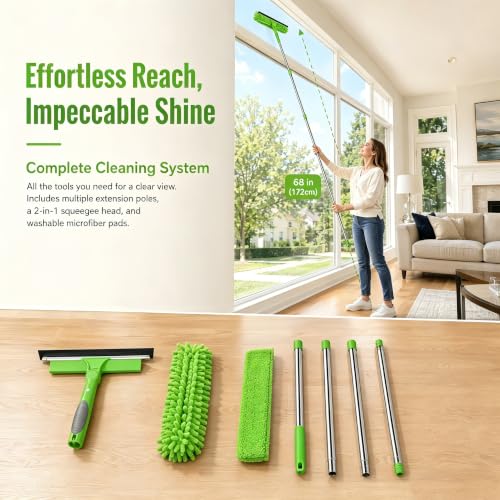 2-in-1 Window Cleaner Tool, 68'' Squeegee for Window Cleaning - color: Green