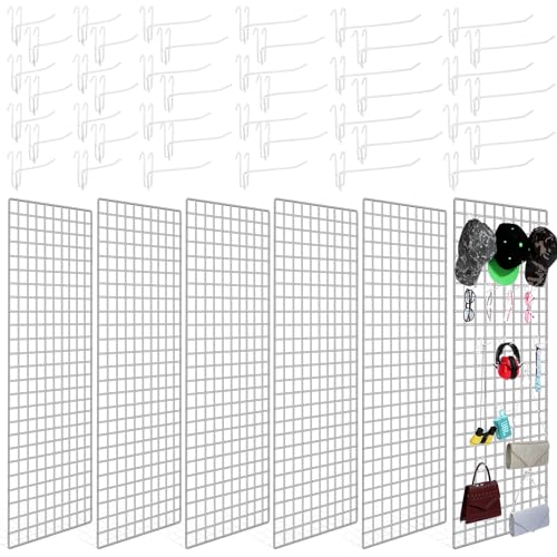 Hicarer 6 Pcs Commercial Grade Gridwall Panels for Display, Heavy Duty Wire Grid wall Display Rack Metal wall Mount Grid with 60 White Hooks for Retail Display Home Storage Vendor Events(2 x 5 ft) - size: 2 x 5 ft