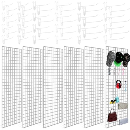 Hicarer 6 Pcs Commercial Grade Gridwall Panels for Display, Heavy Duty Wire Grid wall Display Rack Metal wall Mount Grid with 60 White Hooks for Retail Display Home Storage Vendor Events(2 x 5 ft) - size: 2 x 5 ft