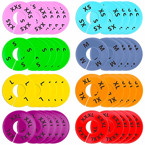 40 Pack Round Colorful Plastic Clothing Size Closet Rack Dividers Hangers, 8 Assorted Colors, Preprinted in 8 Sizes XXS, XS, S, M, L, XL, XXL, XXXL (Outer 3.5”, Inner Diameter 1.38”) - color: 40 Pack/Colour-printed