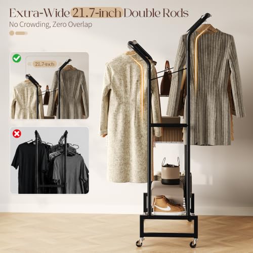 Yoobure Double Rods Clothes Rack - Portable Clothing Rack with Wheels, Rolling Garment Rack with 3-Tier Shelves & 4 Hooks, Freestanding Clothing Racks for Hanging clothes