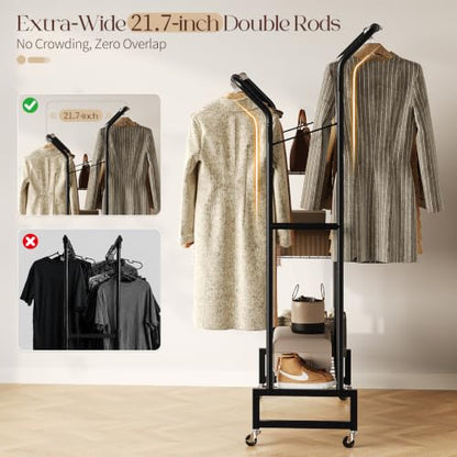 Yoobure Double Rods Clothes Rack - Portable Clothing Rack with Wheels, Rolling Garment Rack with 3-Tier Shelves & 4 Hooks, Freestanding Clothing Racks for Hanging clothes