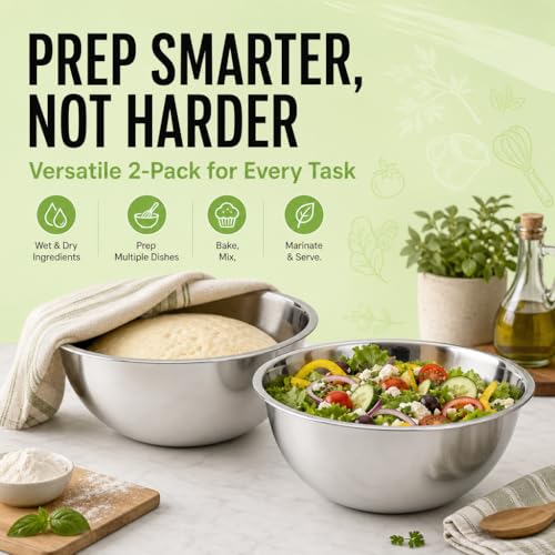 Large Stainless Steel Mixing Bowl 8 Quart - Extra Large Metal Mixing Bowl for Baking, Bread Dough, Salad - Deep Stainless Bowl - Commercial Kitchen Basin - Meal Prep - Stainless Steel- 2 Pack
