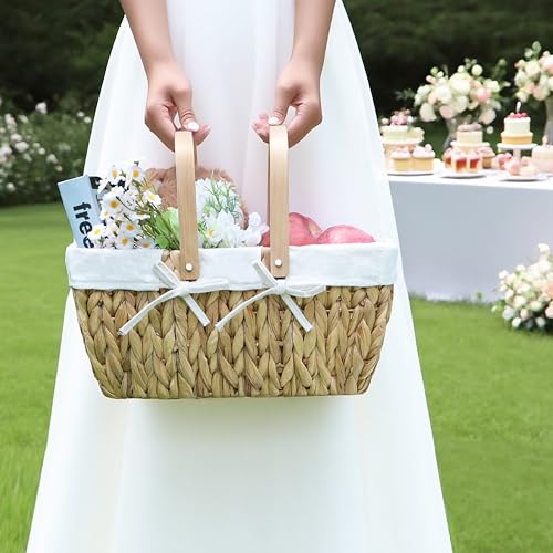 GYASVWU Water Hyacinth Picnic Baskets, Wicker Picnic Basket with Handle, Wicker Bread Basket with Linner, Empty Gift Baskets for Easter, Weddings, Garden and Home Decor (Original)