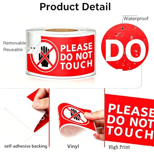 Please Do Not Touch Warning Stickers Tape, 200 Pcs Please Don't Touch Sign, 3" x 6" Safety Label Sticker, Removable Waterproof Self-adhesive Vinyl Decal for Display Items, Personal Items, Business, Facilities